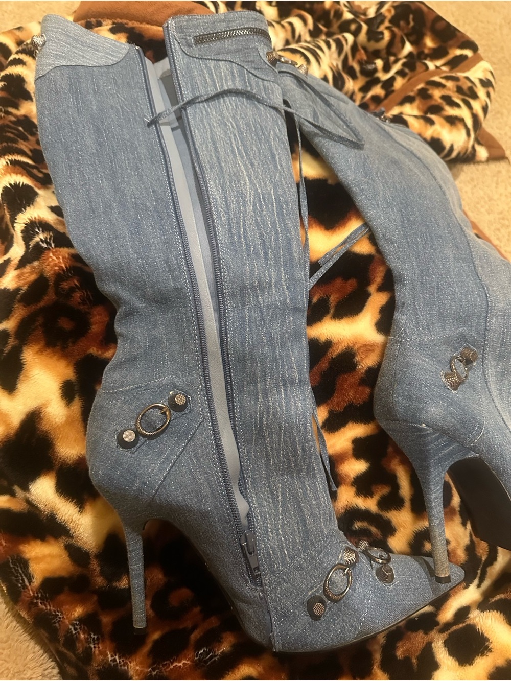 Denim Over-the-Knee Stiletto Boots with Decorative Hardware